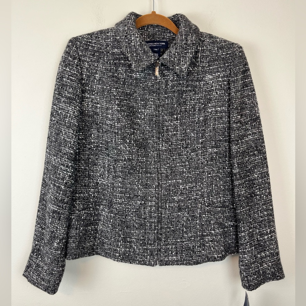 NWT Jones New York Signature Tweed Wool Blend Petite Zip Up Short Jacket 12P